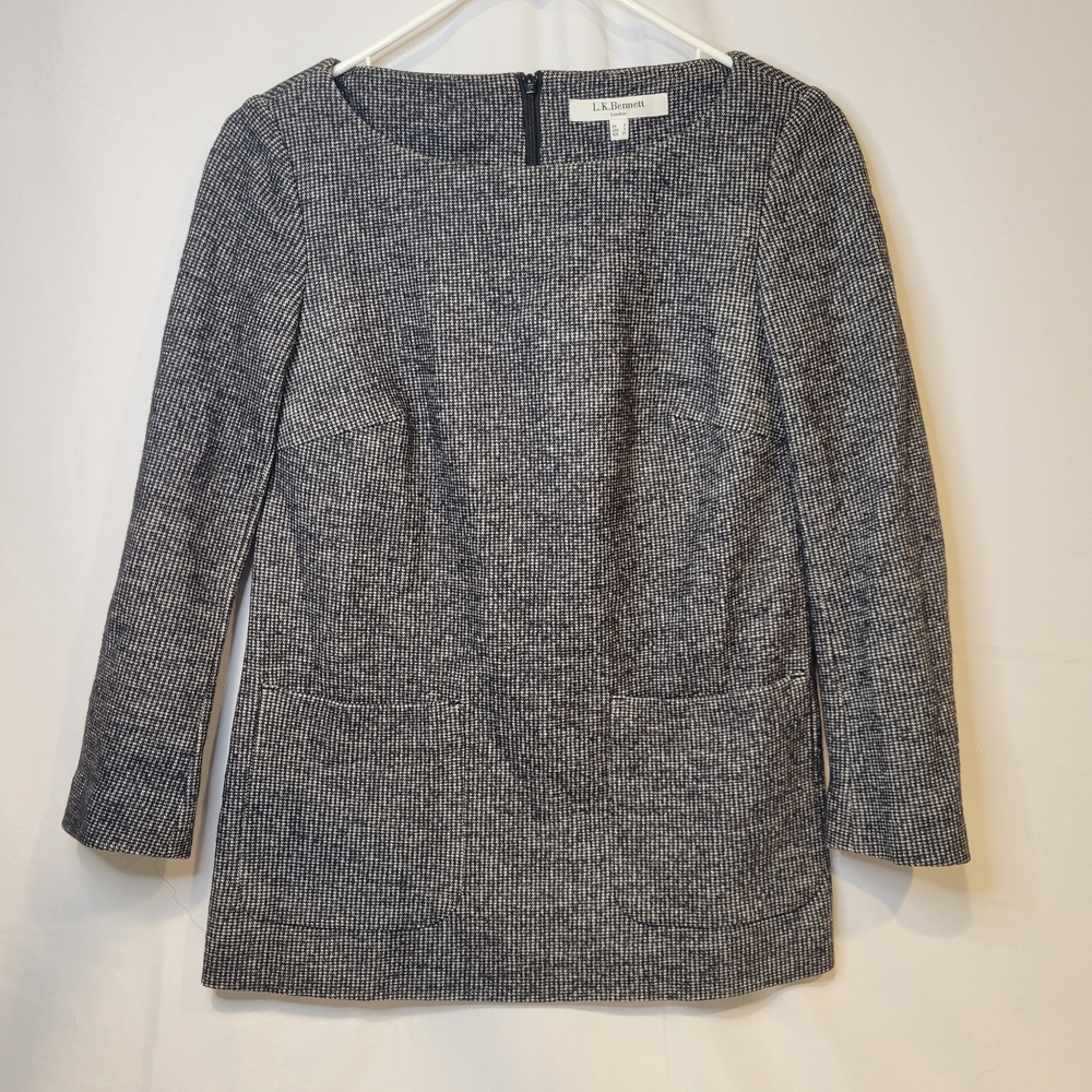 LK Bennett TW Zenda Grey Tweed Wool Cotton Blend Front Pockets Top